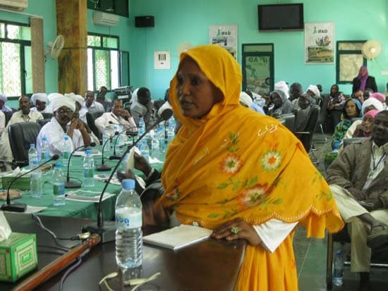 Woman speaking at a Justice Africa community meeting